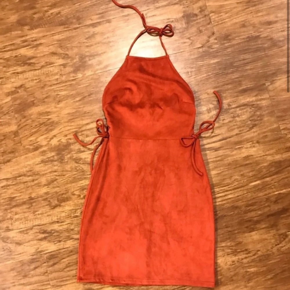 Burnt orange Forever 21 velvet dress with ties on side and top.